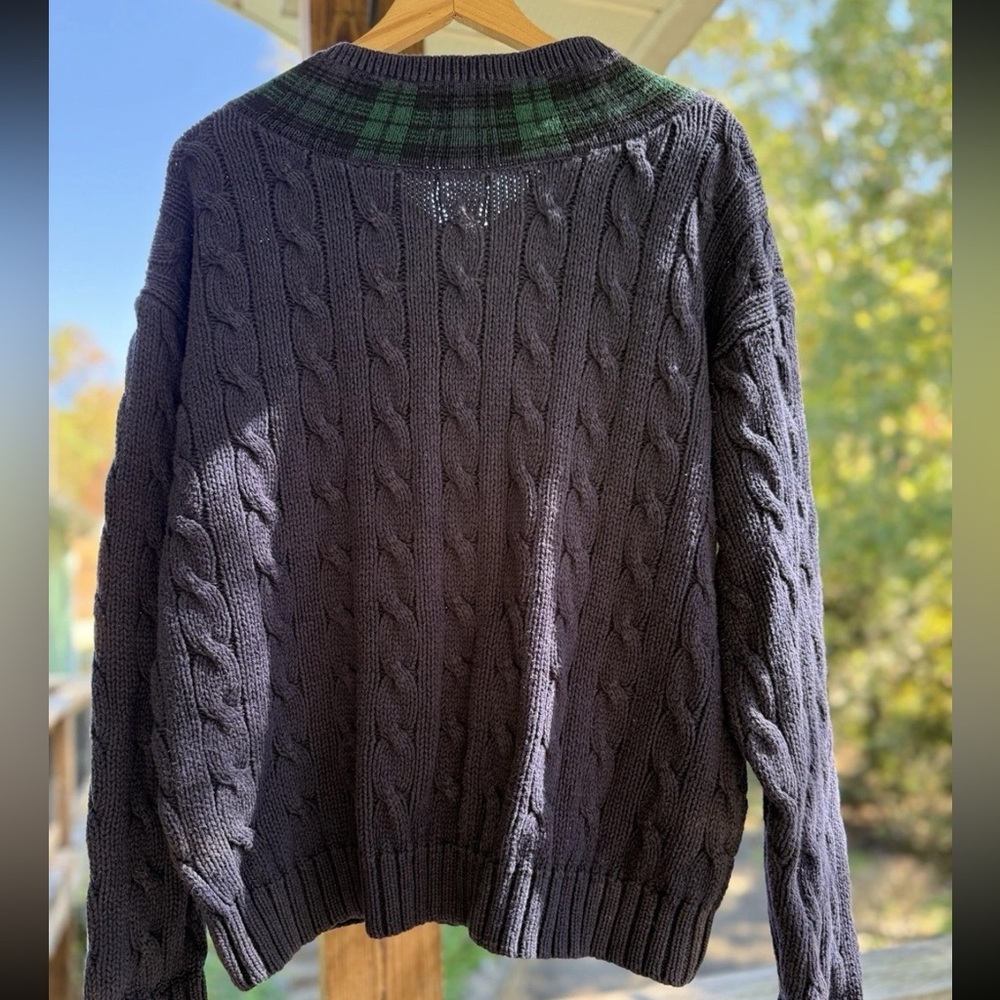VTG 100% Cotton GAP Men's Cable Knit Blue Sweater Green Plaid Preppy JFK Jr. - Picture 5 of 6